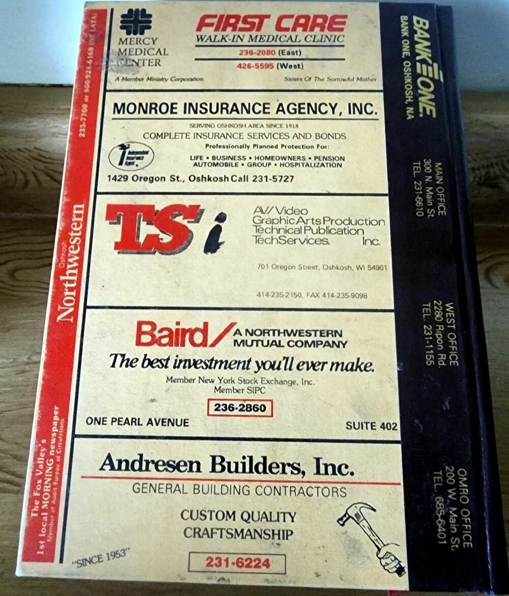 1991 Oshkosh Wisconsin City Directory Book Advertisements Wright's Polk See Pic